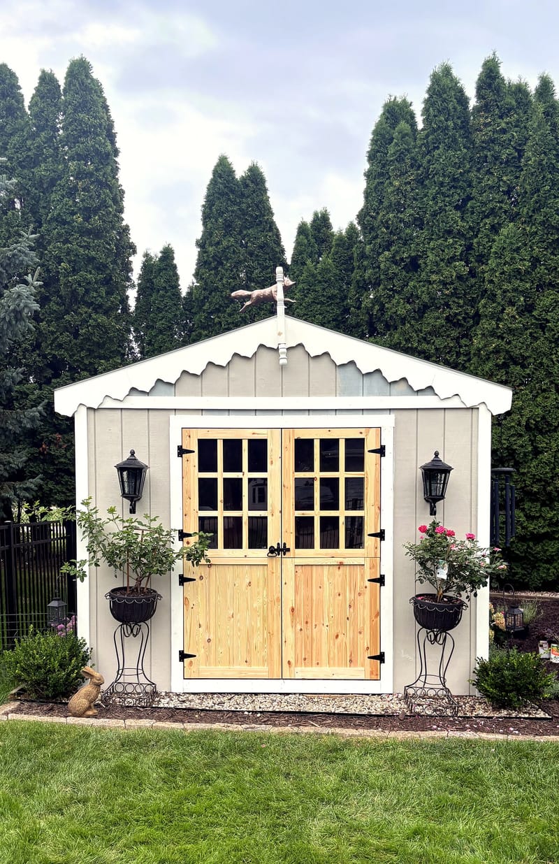 Custom wood double doors and white trim on an existing garden shed — Lyon St Woodworking
